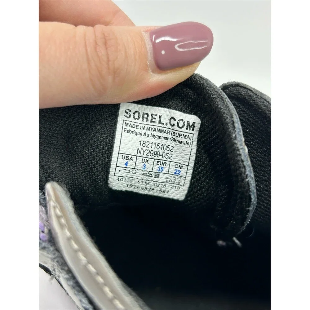 SOREL Out N About Plus Duck Boots Girls Silver Gray Purple Trim Waterproof 4